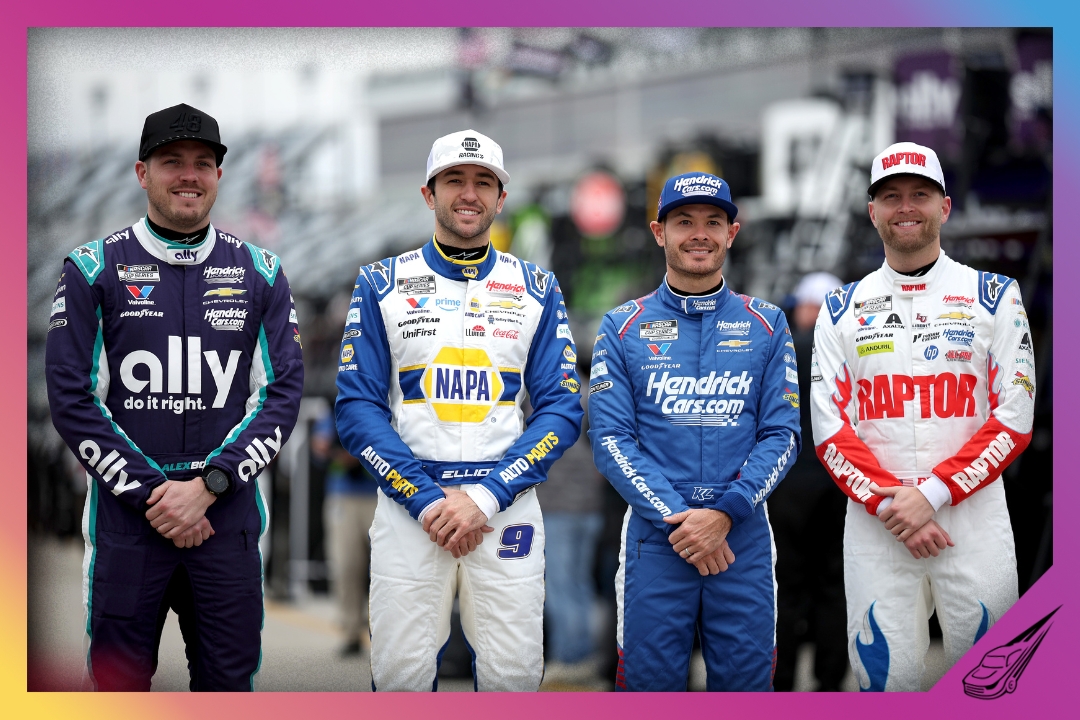 DAYTONA BEACH, FLORIDA - FEBRUARY 11: (L-R) Alex Bowman, driver of the #48 Ally Chevrolet, Chase Elliott, driver of the #9 NAPA Auto Parts Chevrolet, Kyle Larson, driver of the #5 HendrickCars.com Chevrolet, and William Byron, driver of the #24 Raptor Chevrolet, pose in the garage area during practice for the NASCAR Cup Series Daytona 500 at Daytona International Speedway on February 11, 2026 in Daytona Beach, Florida. (Photo by James Gilbert/Getty Images)