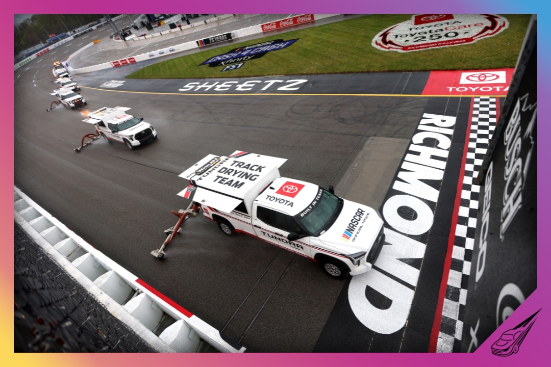 RICHMOND, VIRGINIA - APRIL 01: The NASCAR Track Drying Team works to dry the track prior to the NASCAR Xfinity Series ToyotaCare 250 at Richmond Raceway on April 01, 2023 in Richmond, Virginia. (Photo by David Jensen/Getty Images)