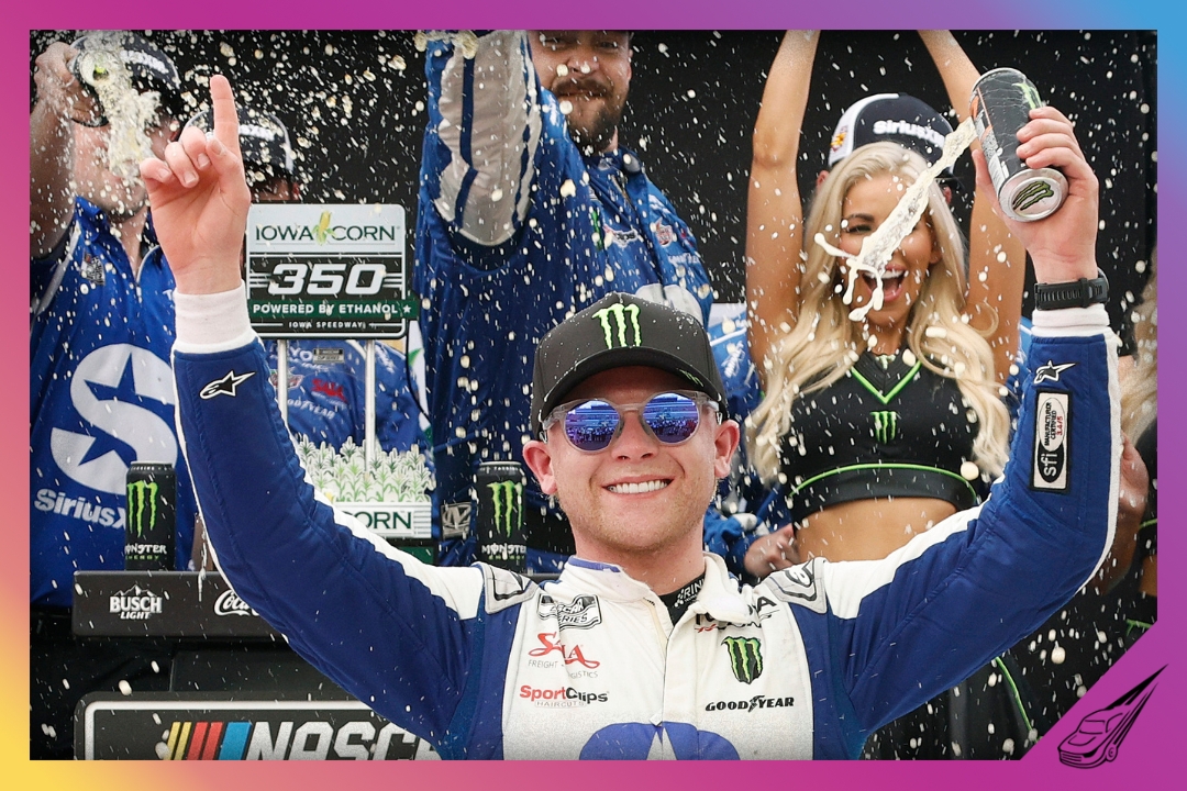 NEWTON, IOWA - AUGUST 09: Ty Gibbs, driver of the #54 SiriusXM Toyota, celebrates in victory lane after winning the NASCAR Cup Series Iowa Corn 350 Powered by Ethanol at Iowa Speedway on August 09, 2026 in Newton, Iowa. (Photo by Sean Gardner/Getty Images)