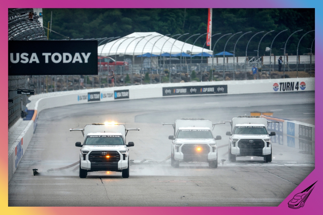 LOUDON, NEW HAMPSHIRE - JUNE 23: The NASCAR track drying team work to dry the track during a weather delay in the NASCAR Cup Series USA Today 301 at New Hampshire Motor Speedway on June 23, 2024 in Loudon, New Hampshire. (Photo by Sean Gardner/Getty Images)
