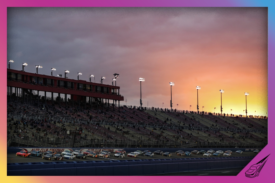 FONTANA, CALIFORNIA - FEBRUARY 26: A general view of racing as the sun sets during the NASCAR Xfinity Series Production Alliance Group 300 at Auto Club Speedway on February 26, 2023 in Fontana, California. (Photo by Meg Oliphant/Getty Images)