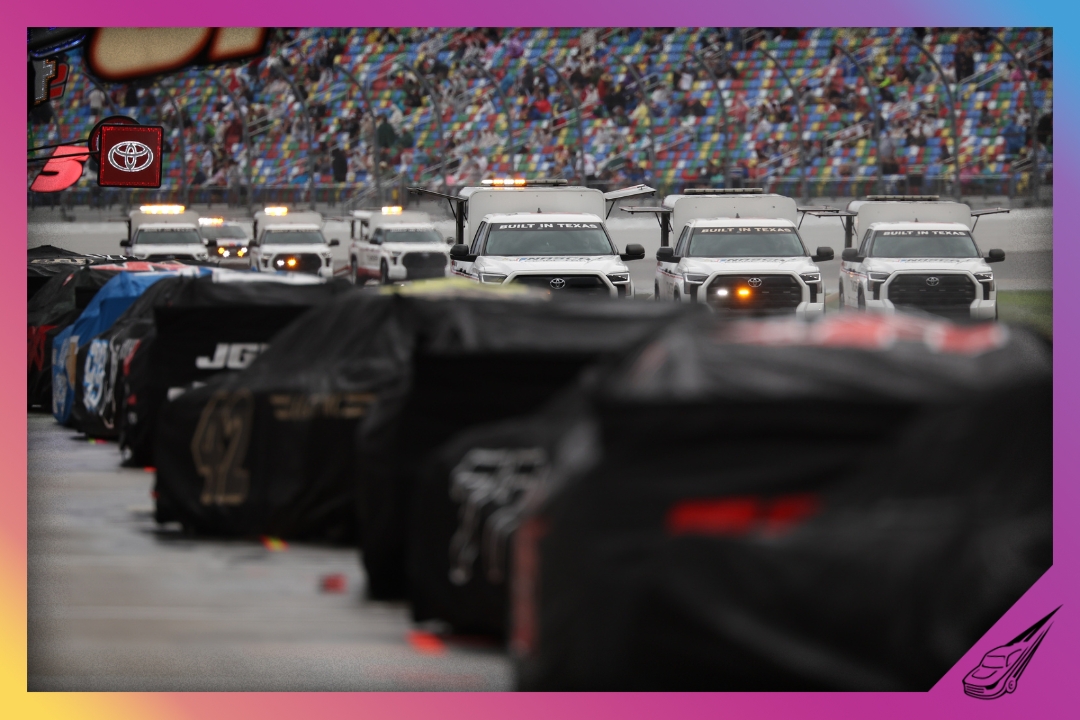 DAYTONA BEACH, FLORIDA - FEBRUARY 16: NASCAR track drying team work to dry the track during a weather delay in the NASCAR Cup Series Daytona 500 at Daytona International Speedway on February 16, 2025 in Daytona Beach, Florida. (Photo by James Gilbert/Getty Images)