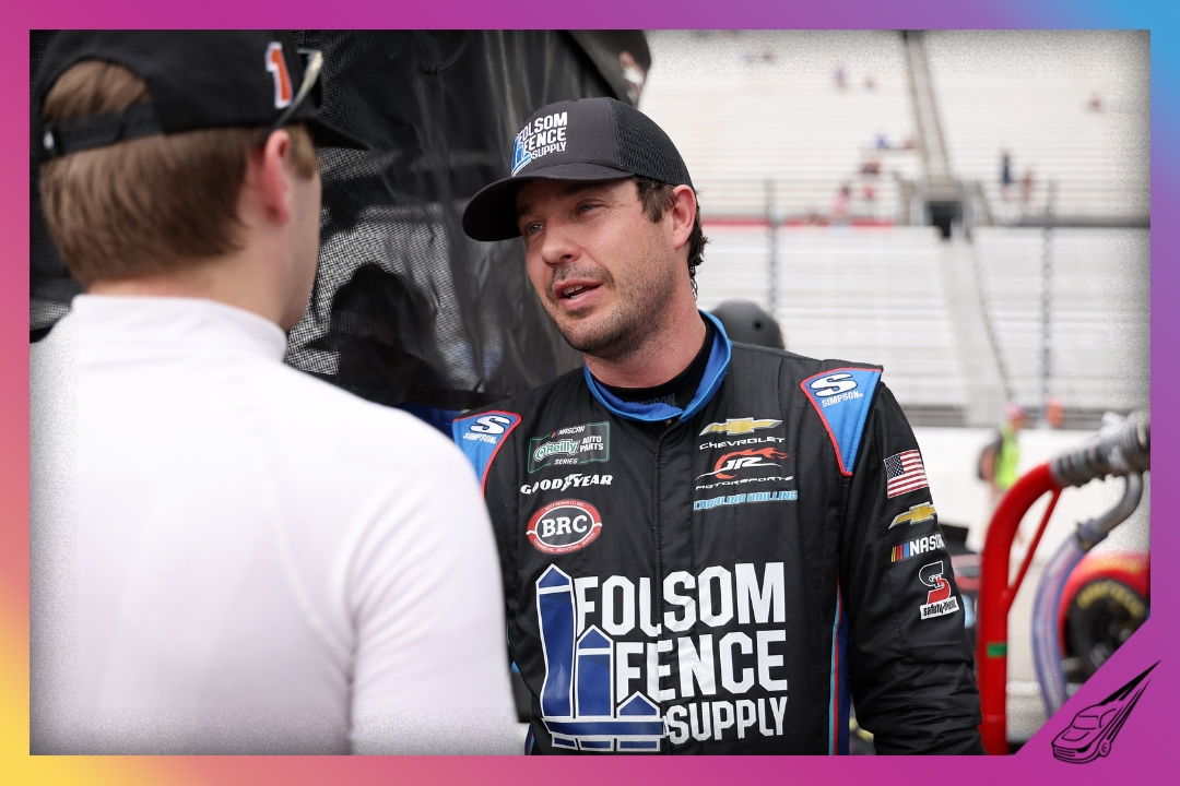 MARTINSVILLE, VIRGINIA - MARCH 27: Lee Pulliam, driver of the #9 Folsom Fence Supply Chevrolet, (R) speaks to Carson Kvapil, driver of the #1 Registix Chevrolet, on the grid during practice for the NASCAR O'Reilly Auto Parts Series NFPA 250 at Martinsville Speedway on March 27, 2026 in Martinsville, Virginia. (Photo by David Jensen/Getty Images)