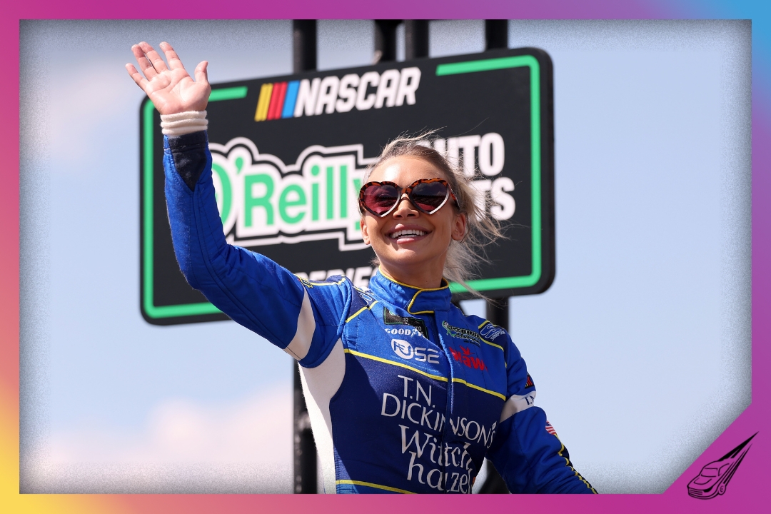 LONG POND, PENNSYLVANIA - JUNE 13: Natalie Decker, driver of the #53 T.N. Dickinson's Witch Hazel Toyota, waves to fans as she walks onstage during driver intros prior to the NASCAR O'Reilly Auto Parts Series MillerTech Battery 250 presented by KOA at Pocono Raceway on June 13, 2026 in Long Pond, Pennsylvania. (Photo by David Jensen/Getty Images)