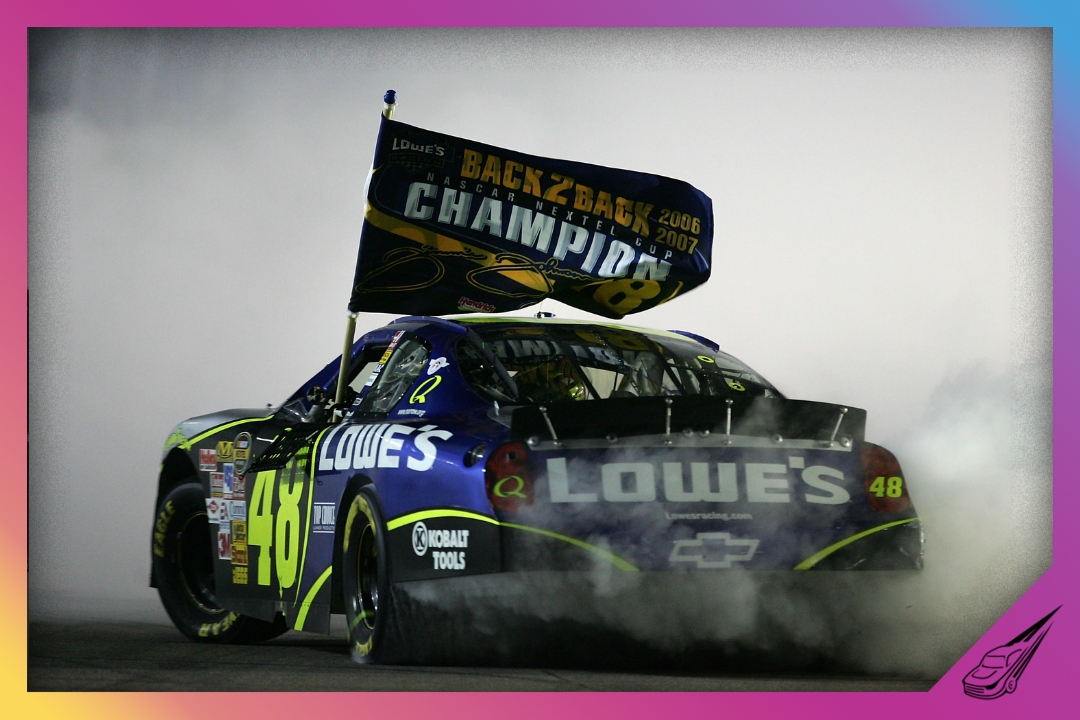 HOMESTEAD, FL - NOVEMBER 18: Jimmie Johnson, driver of the #48 Lowe's Chevrolet, does a burnout after clinching the NASCAR Nextel Cup Series Championship following the Ford 400 at Homestead-Miami Speedway on November 18, 2007 in Homestead, Florida. (Photo by Robert Laberge/Getty Images for NASCAR)