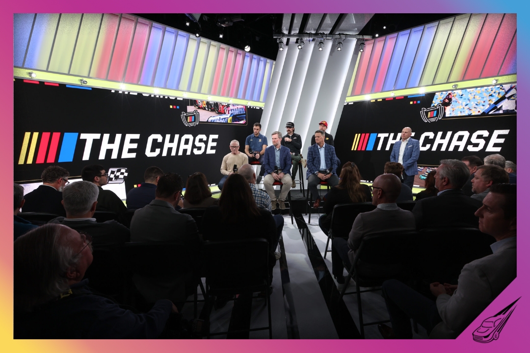 CONCORD, NORTH CAROLINA - JANUARY 12: (L to R) Mark Martin, Chase Elliott, Dale Earnhardt Jr., Ryan Blaney, Steve O'Donnell and Chase Briscoe address the media during the NASCAR Championship Format Announcement at NASCAR Productions Facility on January 12, 2026 in Concord, North Carolina. (Photo by David Jensen/Getty Images)