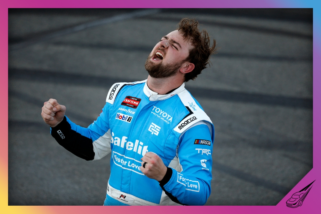 WATKINS GLEN, NEW YORK - MAY 08: Kaden Honeycutt, driver of the #11 Safelite + Foster Love Toyota, celebrates after winning the NASCAR Craftsman Truck Series Bully Hill Vineyards 176 at The Glen at Watkins Glen International on May 08, 2026 in Watkins Glen, New York. (Photo by Sean Gardner/Getty Images)