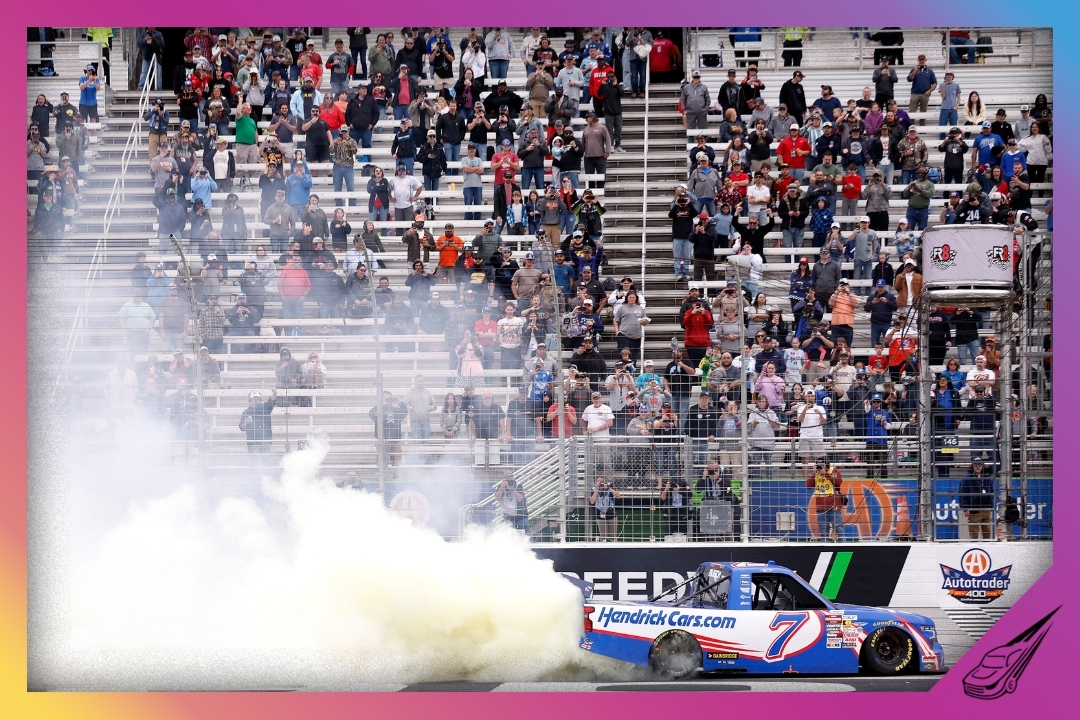 HAMPTON, GEORGIA - FEBRUARY 21: Kyle Busch, driver of the #7 HendrickCars.com Chevrolet, celebrates with a burnout after winning the NASCAR Craftsman Truck Series Fr8 Racing 208 at Echo Park Speedway on February 21, 2026 in Hampton, Georgia. (Photo by Sean Gardner/Getty Images)