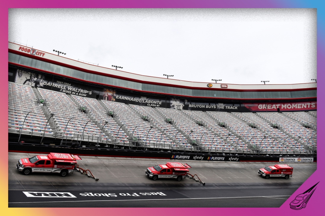 BRISTOL, TENNESSEE - SEPTEMBER 17: The NASCAR Track Drying Team works to dry the track prior to the NASCAR Gander RV & Outdoors Truck Series UNOH 200 presented by Ohio Logistics at Bristol Motor Speedway on September 17, 2020 in Bristol, Tennessee. (Photo by Jared C. Tilton/Getty Images)