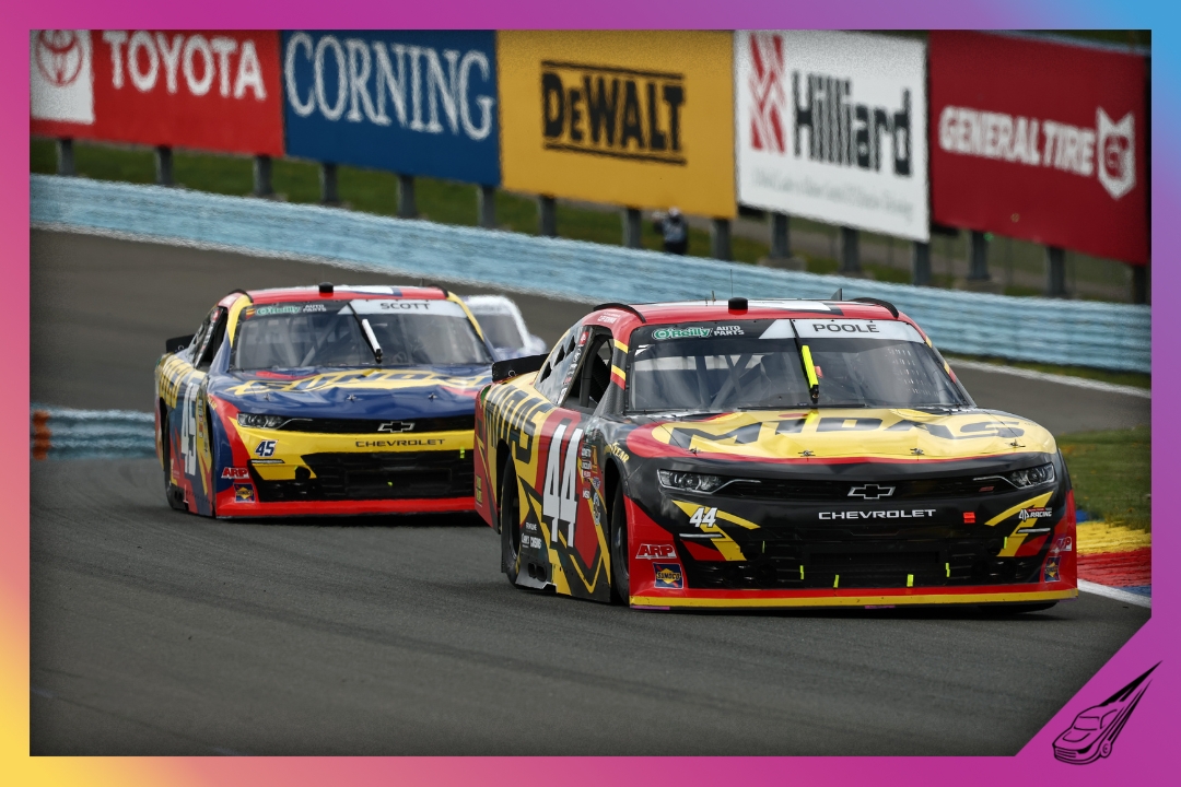 WATKINS GLEN, NEW YORK - MAY 09: Brennan Poole, driver of the #44 Midas Chevrolet, and Lavar Scott, driver of the #45 Sunoco Chevrolet, race during the NASCAR O'Reilly Auto Parts Series Mission 200 at The Glen at Watkins Glen International on May 09, 2026 in Watkins Glen, New York. (Photo by Chris Graythen/Getty Images)