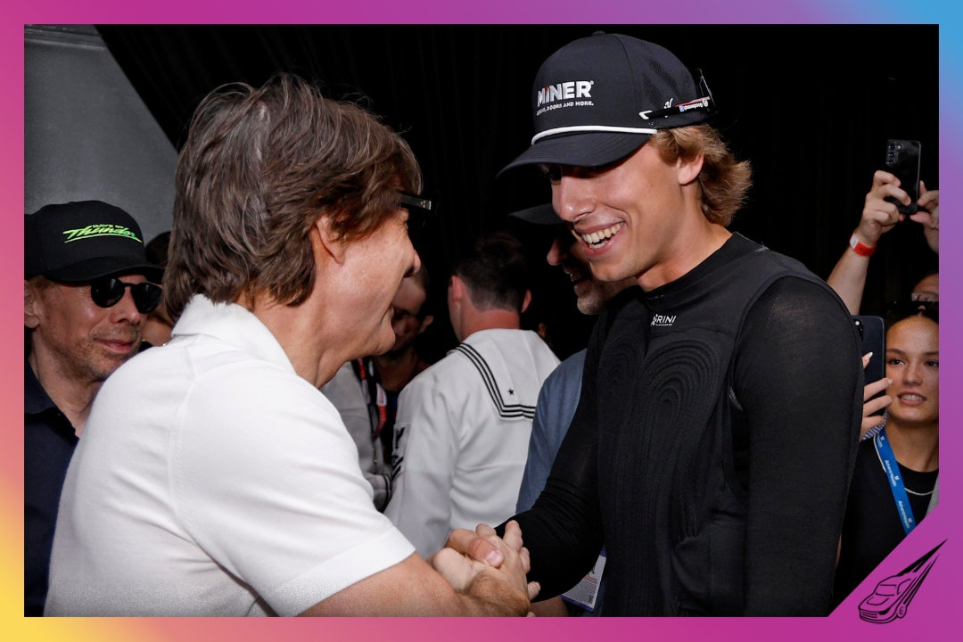 DAYTONA BEACH, FLORIDA - AUGUST 29: Tom Cruise and Carson Hocevar attend the NASCAR COKE ZERO SUGAR 400 at Daytona International Speedway on August 29, 2026, in preperation for Days of Thunder. (Photo by Sean Gardner/Getty Images for Paramount Pictures)