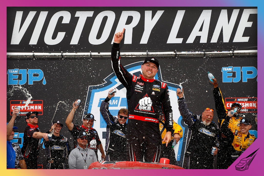 LOUDON, NEW HAMPSHIRE - AUGUST 22: Layne Riggs, driver of the #34 BKB Bare Knuckle Boxing Ford, celebrates in victory lane after winning the NASCAR Craftsman Truck Series Team EJP 175 at New Hampshire Motor Speedway on August 22, 2026 in Loudon, New Hampshire. (Photo by Sean Gardner/Getty Images)