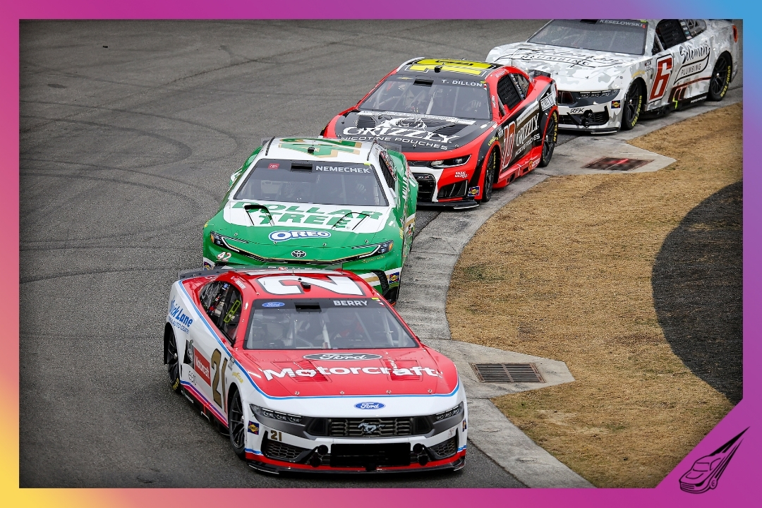 WINSTON SALEM, NORTH CAROLINA - FEBRUARY 04: Josh Berry, driver of the #21 Motorcraft/Quick Lane Ford, John H. Nemechek, driver of the #42 Dollar Tree Toyota, Ty Dillon, driver of the #10 Grizzly Nicotine Pouches Chevrolet, and Corey LaJoie, driver of the #6 Solomon Plumbing Ford, race during the Last Chance qualifying race for the Cook Out Clash at Bowman Gray Stadium on February 04, 2026 in Winston Salem, North Carolina. (Photo by Jonathan Bachman/Getty Images)