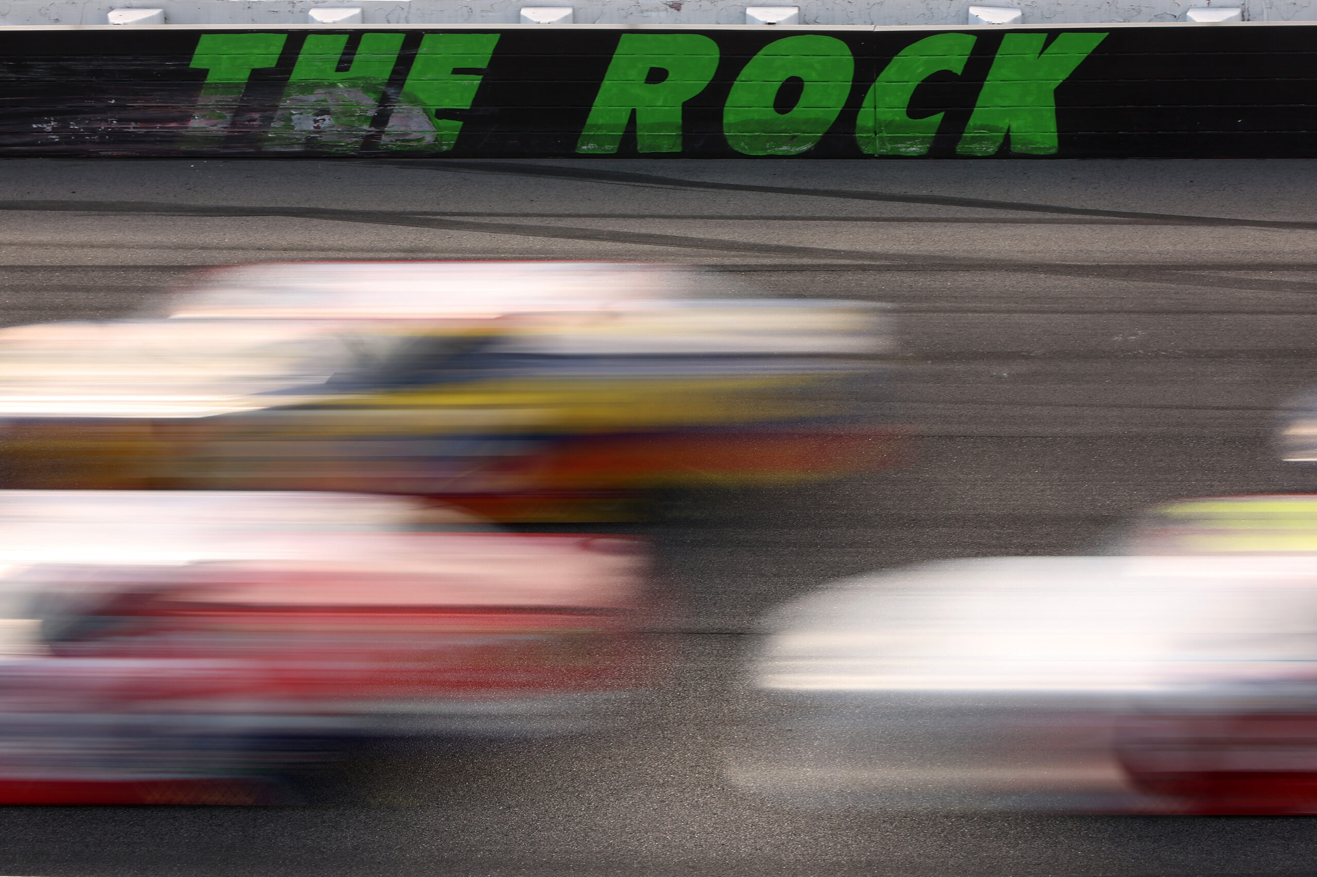 ROCKINGHAM, NORTH CAROLINA - APRIL 04: A general view of racing during the NASCAR O'Reilly Auto Parts Series North Carolina Education Lottery 250 Presented by Black's Tire at Rockingham Speedway on April 04, 2026 in Rockingham, North Carolina.